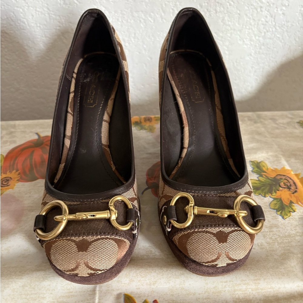 Coach Brown and Tan Heels with Gold Accents